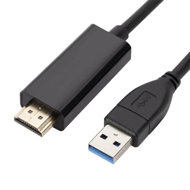 USB 3.0 to HDMI Video Adapter Cable, 1.8 Meters Long — black USB 3.0 to HDMI adapter cable shown connecting laptop/TV for extended display