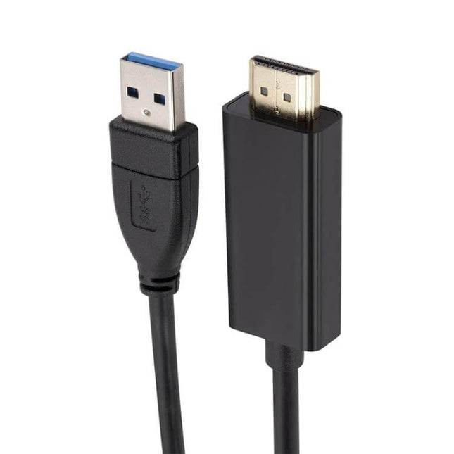 USB 3.0 to HDMI Video Adapter Cable, 1.8 Meters Long - black USB 3.0 to HDMI cable showing USB-A and HDMI connectors for laptop to TV display