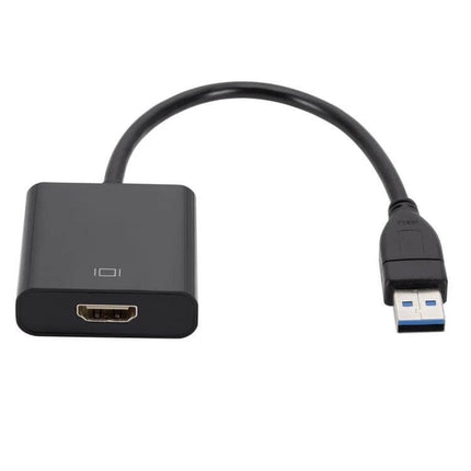 USB 3.0 to HDMI Converter for Laptops and Desktop Displays - black adapter with USB 3.0 plug and HDMI output cable for extending or mirroring screens