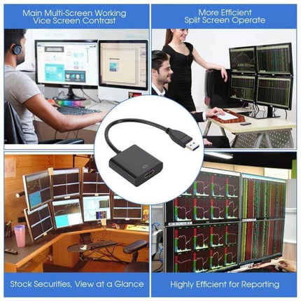 USB 3.0 to HDMI Converter for Laptops and Desktop Displays showing multi-monitor setups for home office, trading and presentations