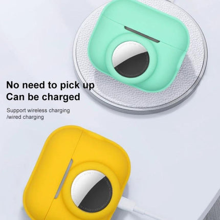 Protective Cover for AirPods and AirTag During Daily Outings - mint and yellow silicone cases showing wireless and wired charging support