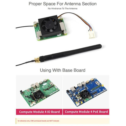 Waveshare Cooling Fan for Raspberry Pi Compute Module 4 Protection low-profile fan shown on CM4 IO and PoE base boards with antenna space