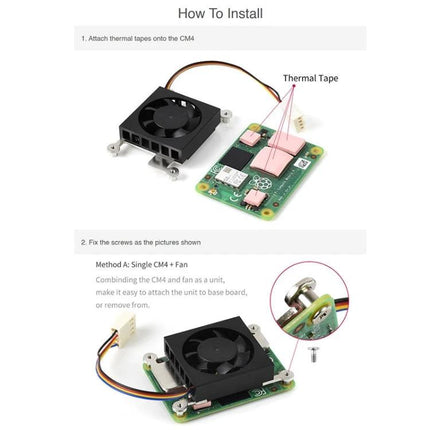 Waveshare Cooling Fan for Raspberry Pi Compute Module 4 Protection mounted with thermal tape and screws on CM4 board