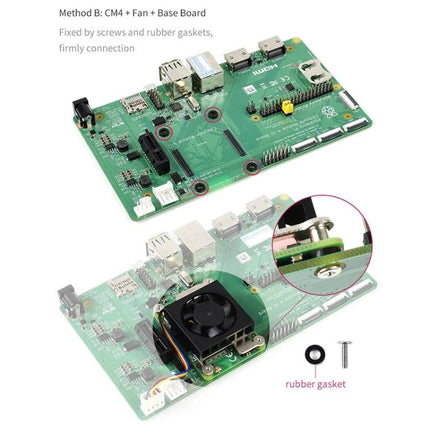 Waveshare Cooling Fan for Raspberry Pi Compute Module 4 Protection installed on CM4 base board with rubber gaskets and low-profile fan