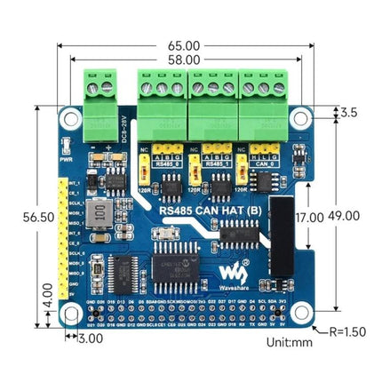 Waveshare Isolated RS485 CAN HAT for Raspberry Pi Applications - top view showing terminals, connectors and dimensions