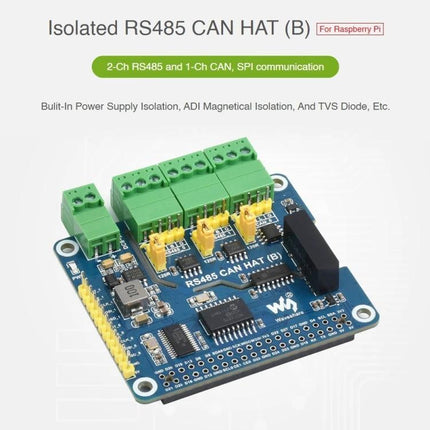 Waveshare Isolated RS485 CAN HAT for Raspberry Pi Applications - blue HAT showing isolated RS485 and CAN terminals, connectors, and components