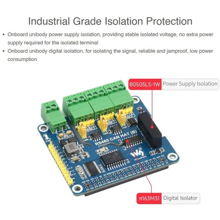 Waveshare Isolated RS485 CAN HAT for Raspberry Pi Applications - industrial grade isolated CAN and RS485 HAT with terminal blocks