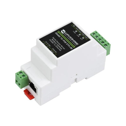 Waveshare Din Rail RS485 To Rj45 Serial Server With Poe Function compact white DIN-rail mount industrial RS485-to-Ethernet converter