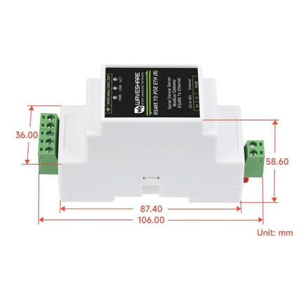 Waveshare Din Rail RS485 To Rj45 Serial Server With Poe Function white DIN-rail unit with RS485 terminals and RJ45 port, dimensions labeled for installation