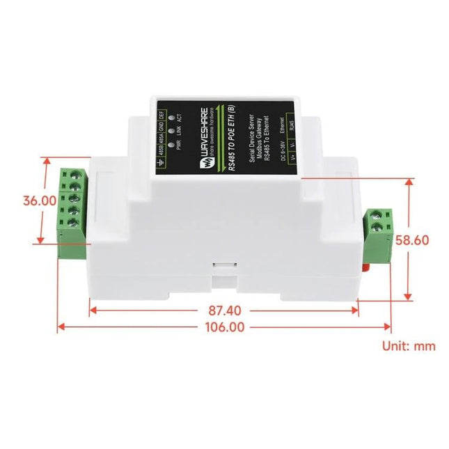 Waveshare Din Rail RS485 To Rj45 Serial Server With Poe Function white DIN-rail unit with RS485 terminals and RJ45 port, dimensions labeled for installation