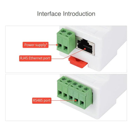 Waveshare Din Rail RS485 To Rj45 Serial Server With Poe Function showing RJ45 Ethernet port, power supply connector and RS485 terminal block