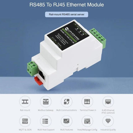 Waveshare Din Rail RS485 To Rj45 Serial Server With Poe Function – white DIN-rail RS485 to RJ45 Ethernet module with PoE for industrial Modbus conversion