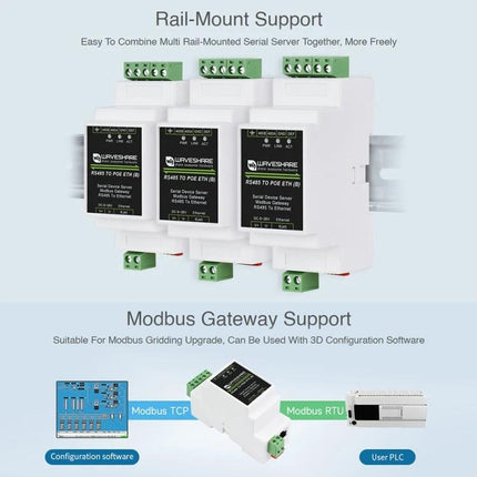 Waveshare Din Rail RS485 To Rj45 Serial Server With Poe Function - DIN-rail RS485 to RJ45 Modbus gateway with PoE for industrial monitoring