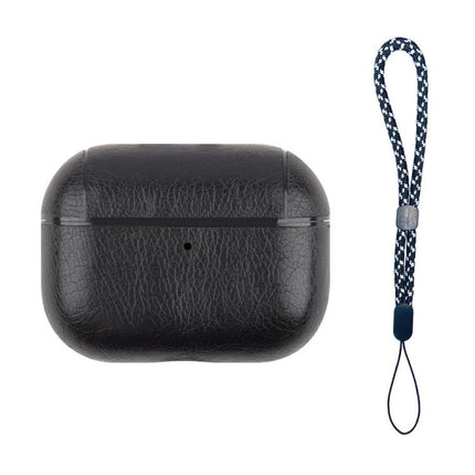 Leather Case with Lanyard for Everyday Earphone Protection - black leather earphone case with detachable woven lanyard