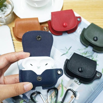 Compact Leather Case for Earphones with Lanyard for Daily Carry - navy PU leather earbud pouch with snap and lanyard attachment