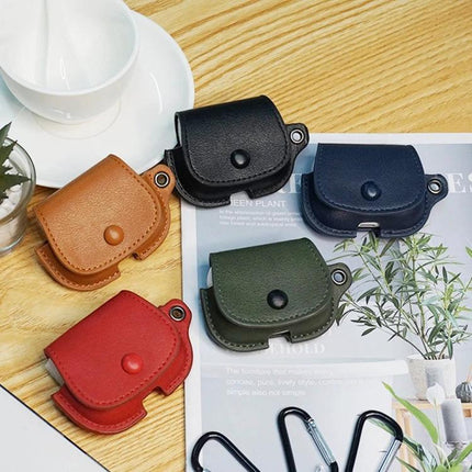 Compact Leather Case for Earphones with Lanyard for Daily Carry — five colored PU leather earphone cases with lanyards on table, charge-through design