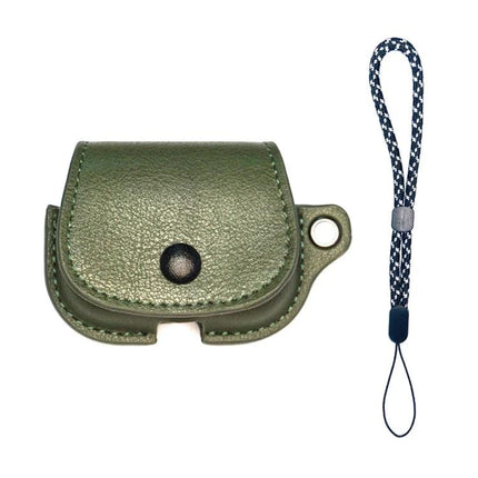 Compact Leather Case for Earphones with Lanyard for Daily Carry - green PU leather protective earphone pouch with removable lanyard