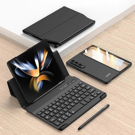 GKK Folding Bluetooth Keyboard Leather Case for Samsung Z Fold 3 and 4 showing folded leather case, detachable Bluetooth keyboard and stand setup