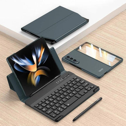 GKK Folding Bluetooth Keyboard Leather Case for Samsung Z Fold 3 and 4 shown with keyboard stand, protective sleeve and stylus for mobile productivity