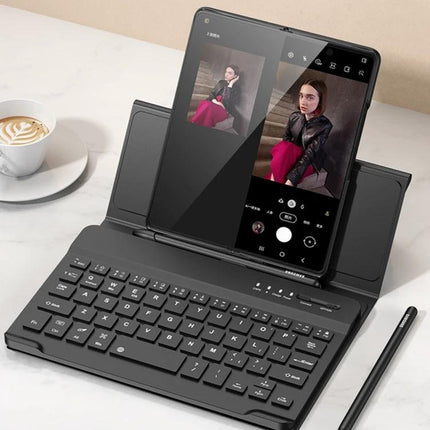 GKK Folding Bluetooth Keyboard Leather Case for Samsung Z Fold 3 and 4 showing tablet in stand with keyboard for mobile typing and travel work
