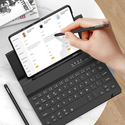 GKK Folding Bluetooth Keyboard Leather Case for Samsung Z Fold 3 and 4 shown with stylus and tablet in typing and stand mode