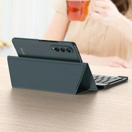 GKK Folding Bluetooth Keyboard Leather Case for Samsung Z Fold 3 and 4 shown propped as a stand with keyboard for mobile typing on a desk