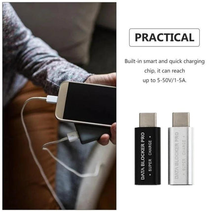 GE07 Data Blocker for Everyday Phone Charging Security compact USB-C data blocker shown charging phone at public place, blocks data transfer