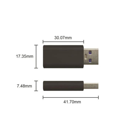 GE06 USB Data Blocker for Secure Everyday Phone Charging shown with dimensions 30.07mm x 17.35mm and 41.70mm x 7.48mm