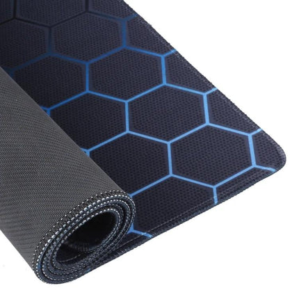 Durable Anti-Slip Cloth Surface Mouse Pad for Gaming and Office Use, 70 x 30 cm – rolled black pad with blue hexagon cloth top and rubber anti-slip base