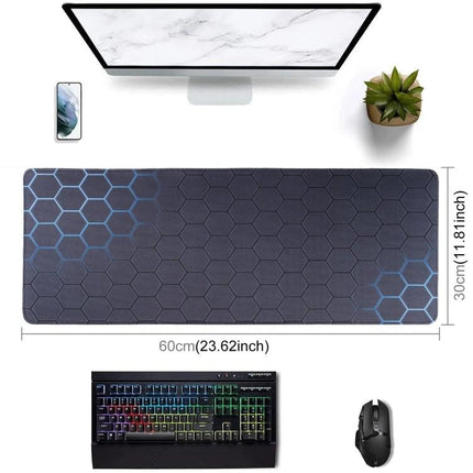 Durable Anti-Slip Cloth Surface Mouse Pad for Gaming and Office Use, 70 x 30 cm on desk with keyboard, mouse, monitor and phone showing hex pattern