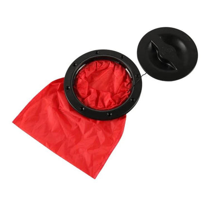 Universal 6-Inch Round Kayak Deck Hatch Cover With Red Mesh Pocket showing black ABS round hatch and removable red mesh pocket
