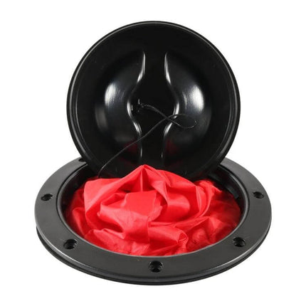 Universal 6-Inch Round Kayak Deck Hatch Cover With Red Mesh Pocket open showing red removable mesh pocket and black ABS lid