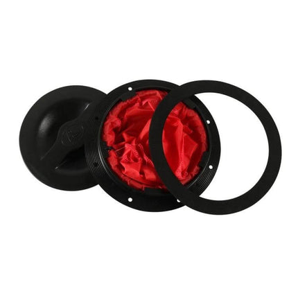 Universal 6-Inch Round Kayak Deck Hatch Cover With Red Mesh Pocket shown open with red mesh pocket and black ABS ring
