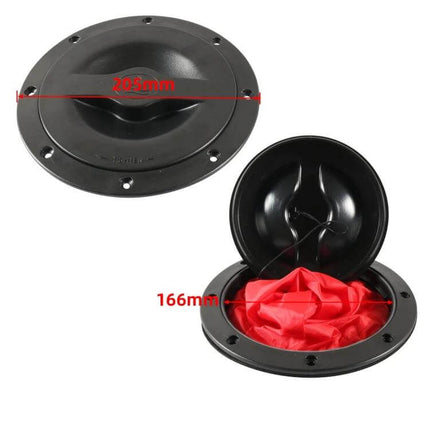 Universal 6-Inch Round Kayak Deck Hatch Cover With Red Mesh Pocket - black 6" ABS deck hatch with removable red mesh pocket