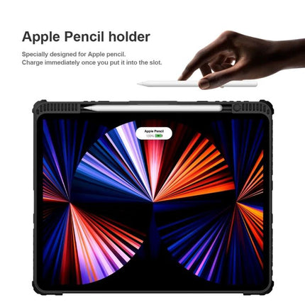 Nillkin Bumper Combo Keyboard Case for iPad Pro 12.9 showing Apple Pencil holder and removable Bluetooth keyboard with adjustable stand