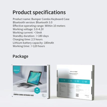 Nillkin Bumper Combo Keyboard Case for iPad Pro 12.9 showing product specs and packaging with removable Bluetooth keyboard