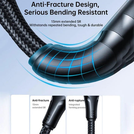 Joyroom Cable for Everyday Phone Charging at Home and Travel showing anti-fracture, bending-resistant braided cable and reinforced 13mm SR strain relief