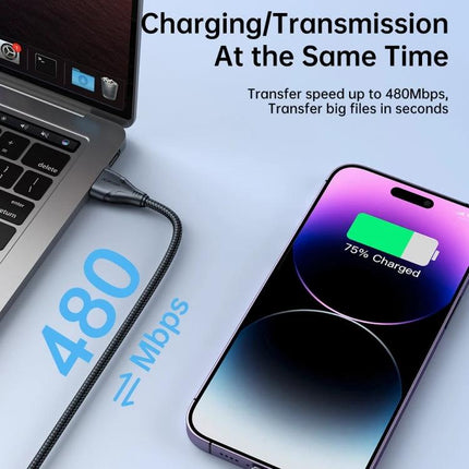 Joyroom Cable for Everyday Phone Charging at Home and Travel showing phone 75% charged and 480Mbps data transfer while connected to laptop