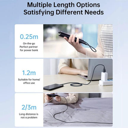 Joyroom Cable for Everyday Phone Charging at Home and Travel — image showing 0.25m, 1.2m, 2/3m length options for on-the-go, home/office, and long-distance charging