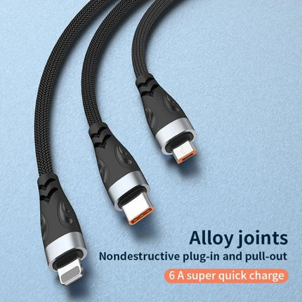 Multi-Device Charging Cable for Everyday Home and Travel Use - braided 3-in-1 cable with USB-C, Lightning, Micro-USB alloy joints for fast charging