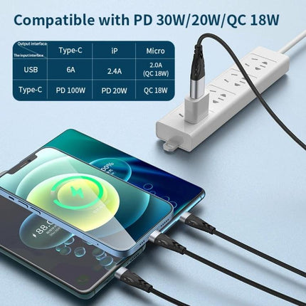 Multi-Device Charging Cable for Everyday Home and Travel Use - tri-head cable charging phone, tablet from single power strip, PD 30W/20W QC 18W compatible
