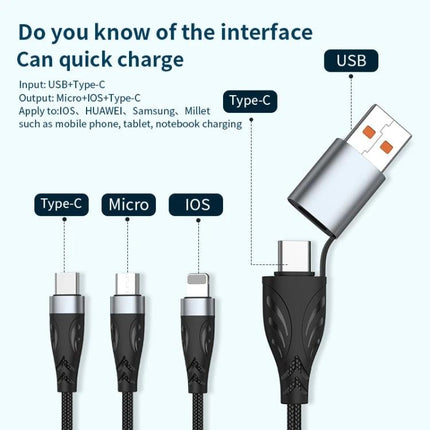 Multi-Device Charging Cable for Everyday Home and Travel Use - braided 3-in-1 USB to Type-C Micro iOS connectors for phone tablet laptop quick charge