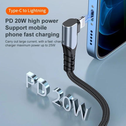 Compact Cable for Daily Phone Charging and Connections - 90-degree Type-C to Lightning braided cable shown plugging into phone