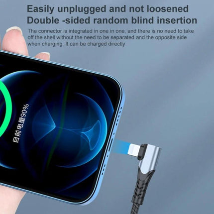 Compact Cable for Daily Phone Charging and Connections with 90-degree elbow plugged into phone, braided cable and space-saving angled design