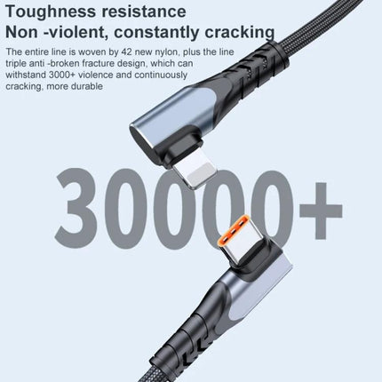 Compact Cable for Daily Phone Charging and Connections with 90-degree elbow, braided durable nylon and reinforced strain relief showcasing 30000+ bend durability