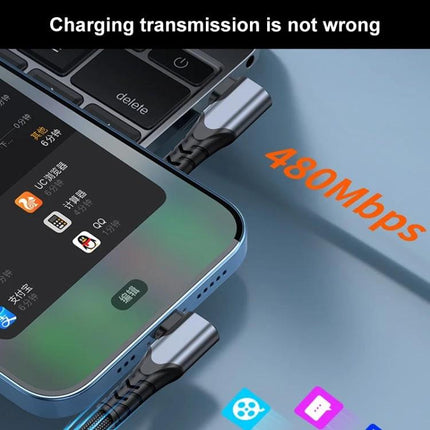 Compact Cable for Daily Phone Charging and Connections with 90-degree elbow plugged into phone and laptop showing 480Mbps transfer