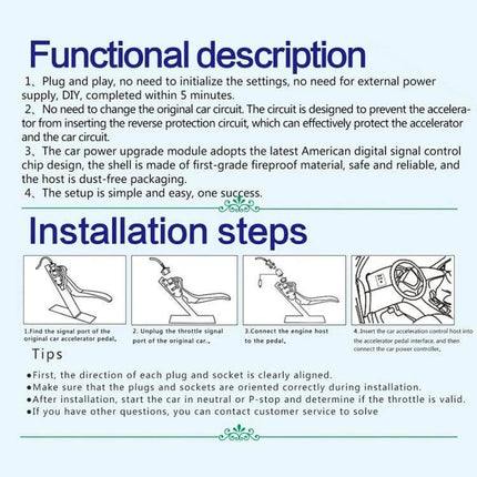 TROS MB Series Electronic Throttle Controller For Honda Cars - installation and functional description diagram showing plug-and-play steps