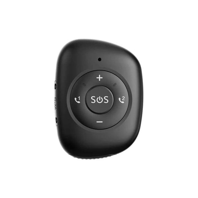 Waterproof GPS Tracker for Seniors with Emergency SOS Button - compact black device with prominent SOS button for real-time location and fall alerts