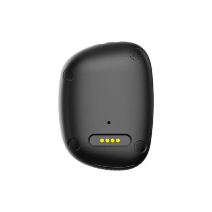 Waterproof GPS Tracker for Seniors with Emergency SOS Button showing compact black device back view with charging pins and waterproof design