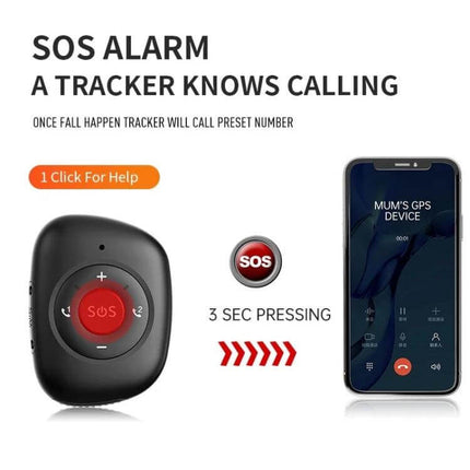Waterproof GPS Tracker for Seniors with Emergency SOS Button showing device, SOS press and smartphone call interface